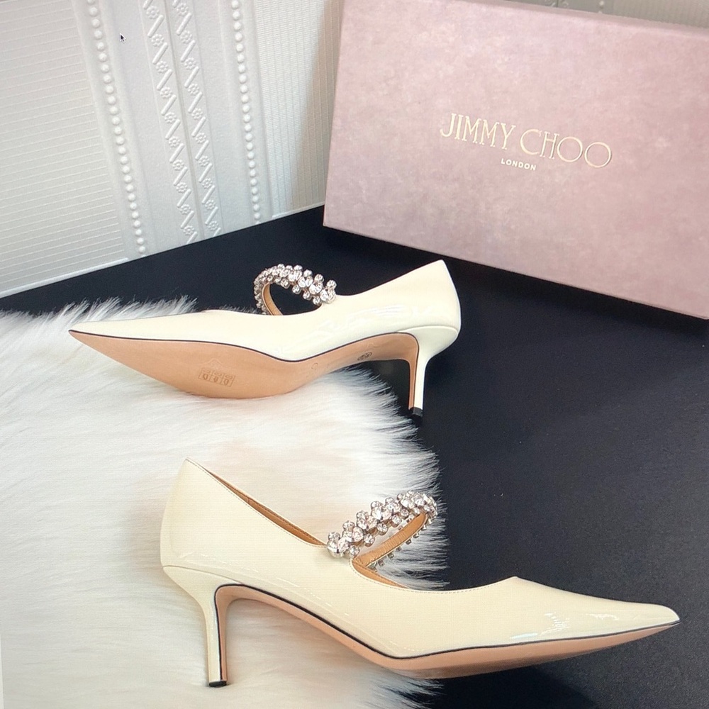 Jimmy Choo Off-White Bing Pumps 85 Heels with Crystal Strap - Picture 7 of 9